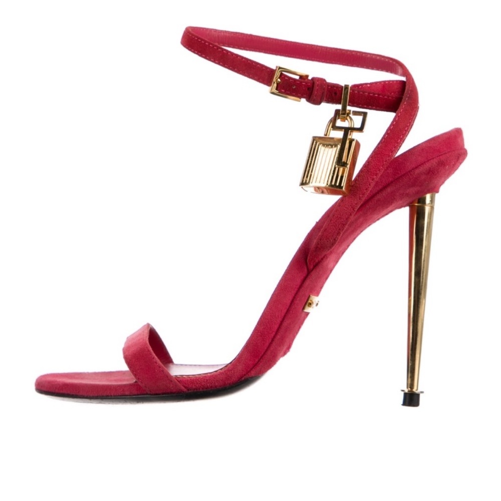 Tom Ford Red Suede Ankle-Strap Stiletto Sandals with Gold Hardware